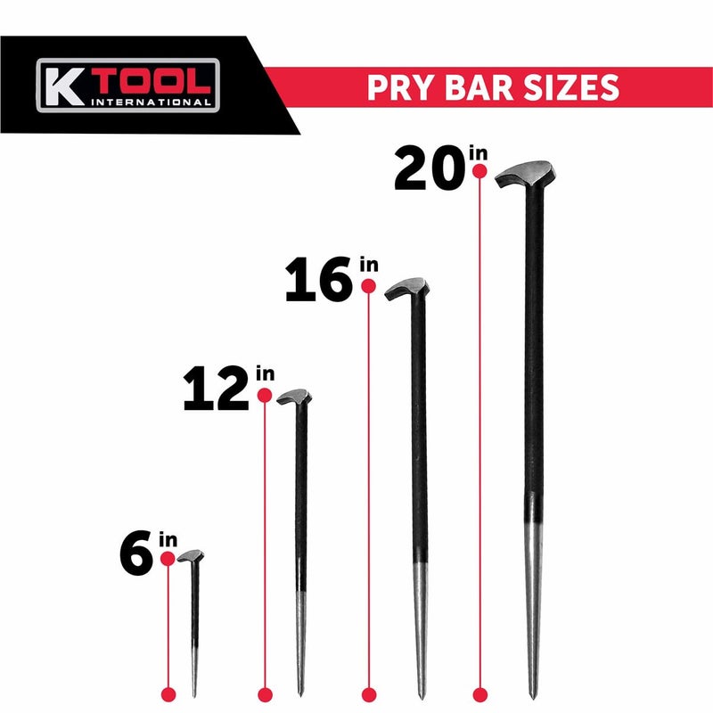 K-Tool International K Tool International 71600 4 Piece Pry Bar Set for Garages, Repair Shops, and DIY, Lady Slipper Style, Heavy Duty Heat Treated Steel, Rolling Head, Organizing Case, Includes Sizes 6", 12", 16", 20" - Image 5